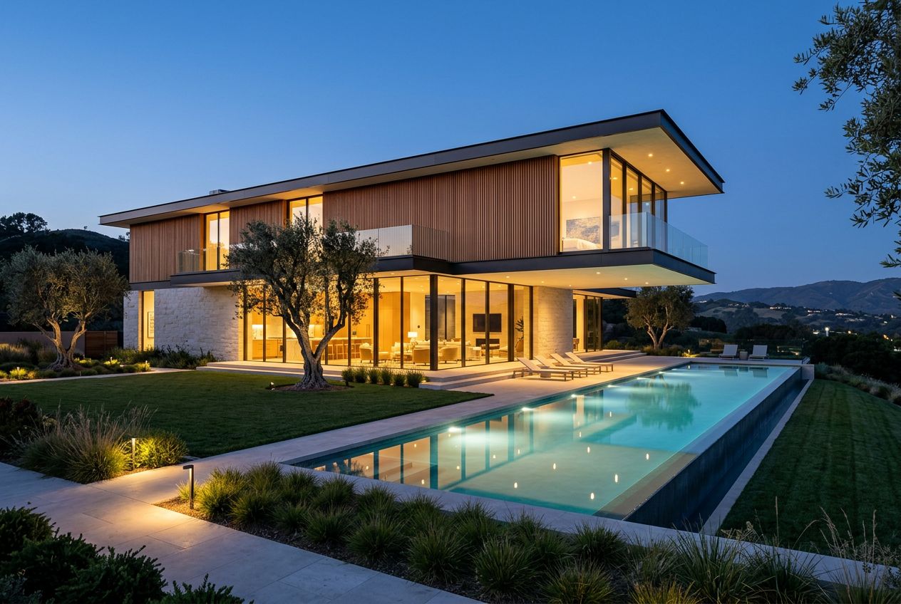 A finished contemporary luxury estate at dusk with cedar-clad upper floor, glass walls and a lit infinity pool